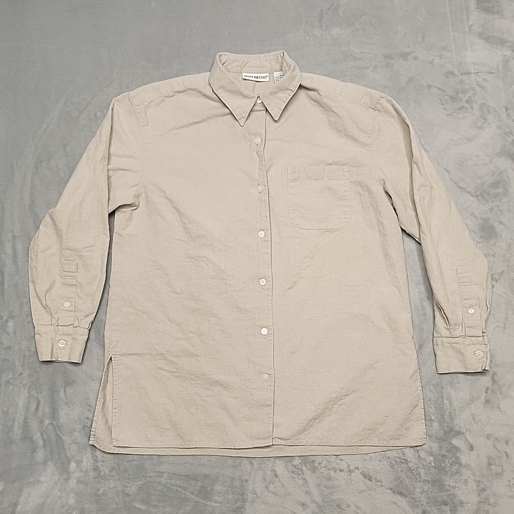 White‎ Stag Shirt Women Medium Beige Button Up Linen Blend Long Sleeve Casual
